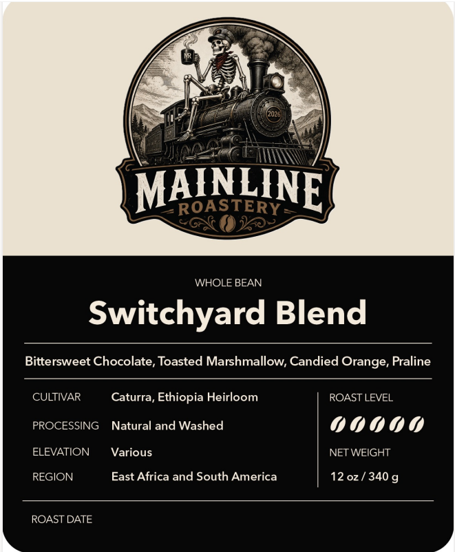 Switchyard Blend coffee beans in a rustic setting