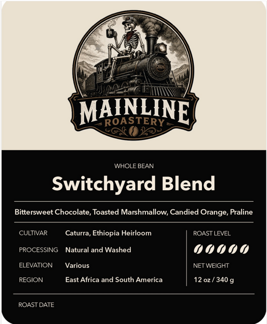 Switchyard Blend coffee beans in a rustic setting